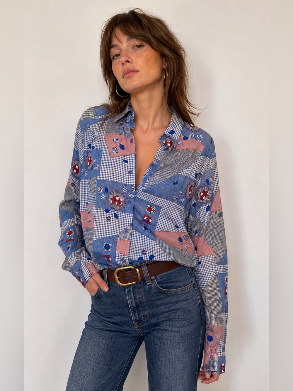 Vintage 90s Patchwork Print Button Down Shirt Retro Cottagecore artsy boho